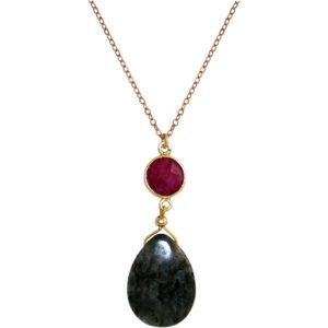 GEMSHINE Halskette mit Rubin und Labradorit. Tropfen Anhänger aus 925 Silber oder hochwertig vergoldet an 60cm Kette. Made in München / Deutschland. Im edlen Etui geliefert. Auch als SET mit Ohrringen