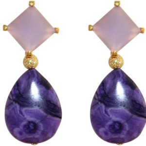 GEMSHINE Ohrringe mit lila violetten Chalcedon Cabochons und Achat Edelstein Tropfen. Ohrhänger aus 925 Silber oder hochwertig vergoldet. Made in München / Deutschland. Im edlen Schmucketui geliefert.
