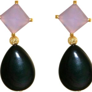 GEMSHINE Ohrringe mit violetten Chalcedon Cabochons und schwarzen Achat Edelstein Tropfen. Ohrhänger aus 925 Silber oder hochwertig vergoldet. Made in München / Deutschland. Im edlen Schmucketui.