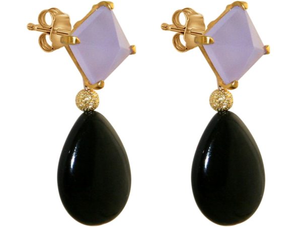 GEMSHINE Ohrringe mit violetten Chalcedon Cabochons und schwarzen Achat Edelstein Tropfen. Ohrhänger aus 925 Silber oder hochwertig vergoldet. Made in München / Deutschland. Im edlen Schmucketui. - Image 3