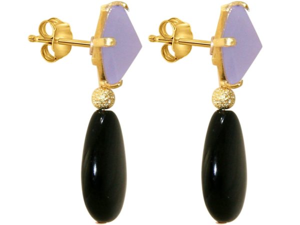 GEMSHINE Ohrringe mit violetten Chalcedon Cabochons und schwarzen Achat Edelstein Tropfen. Ohrhänger aus 925 Silber oder hochwertig vergoldet. Made in München / Deutschland. Im edlen Schmucketui. - Image 4