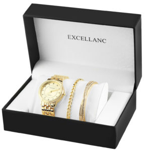 Uhrenset mit Armbanduhr + 2 Armreifen Damenuhr Metallarmband gold Strass