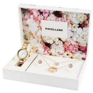 Uhrenset mit Armbanduhr Kette Ohrringe Damenuhr Metallarmband gold Strass