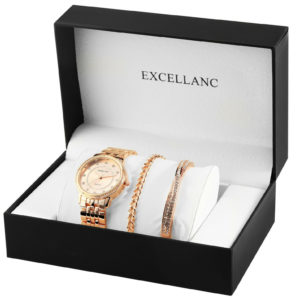 Uhrenset mit Armbanduhr + 2 Armreifen Damenuhr Metallarmband rose gold Strass