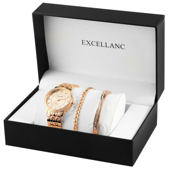 Uhrenset mit Armbanduhr + 2 Armreifen Damenuhr Metallarmband rose gold Strass