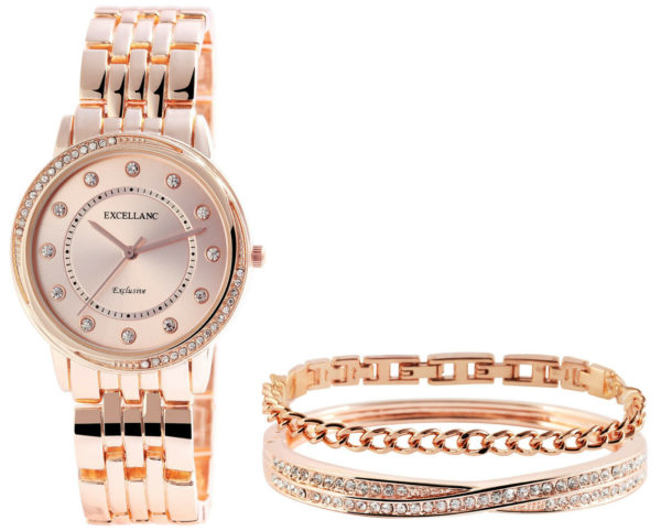 Uhrenset mit Armbanduhr + 2 Armreifen Damenuhr Metallarmband rose gold Strass - Image 3