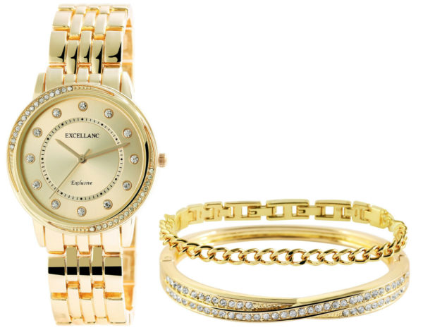 Uhrenset mit Armbanduhr + 2 Armreifen Damenuhr Metallarmband gold Strass - Image 3