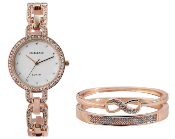 Uhrenset mit Armbanduhr + 2 Armreifen Damenuhr Metallarmband rose gold Strass - Image 3