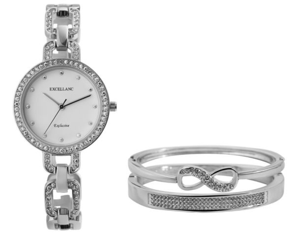 Uhrenset mit Armbanduhr + 2 Armreifen Damenuhr Metallarmband silber Strass - Image 3