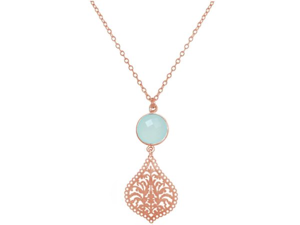 GEMSHINE Halskette mit Mandala und Chalcedon Edelstein. Anhänger aus Silber, vergoldet oder rose an 45cm Kette. Made in Madrid / Spanien. Im edlen Etui, Metall Farbe:Silber rose vergoldet