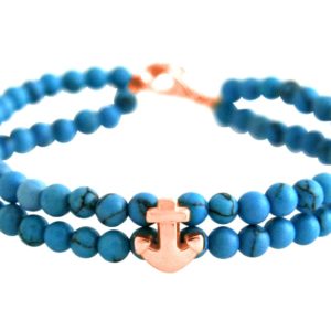 GEMSHINE Maritim Nautics Armband mit natürlichen Türkis Edelsteinen und Anker in Silber, vergoldet oder rose im Navy Stil - Made in München / Deutschland, Metall Farbe:Silber rose vergoldet