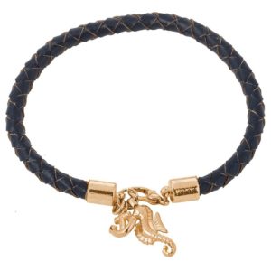 GEMSHINE Maritim Nautics Armband mit Anker und Seepferd. Silber, vergoldet oder rose im Navy Stil mit blauem Leder Band - Made in Madrid, Spain, Metall Farbe:Silber vergoldet