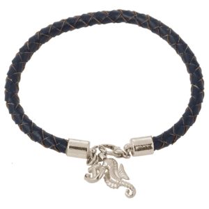 GEMSHINE Maritim Nautics Armband mit Anker und Seepferd. Silber, vergoldet oder rose im Navy Stil mit blauem Leder Band - Made in Madrid, Spain, Metall Farbe:Silber