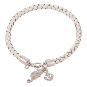 GEMSHINE Maritim Nautics Armband mit Anker und Seepferd. Silber, vergoldet oder rose im Navy Stil mit weißem Leder Band - Made in Madrid, Spain, Metall Farbe:Silber