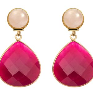 GEMSHINE Ohrclips oder Ohrstecker mit Rosenquarz und roten Rubinen Tropfen. Hochwertig vergoldete Edelstein Ohrhänger. Made in München / Deutschland. Im eleganten Schmucketui geliefert.