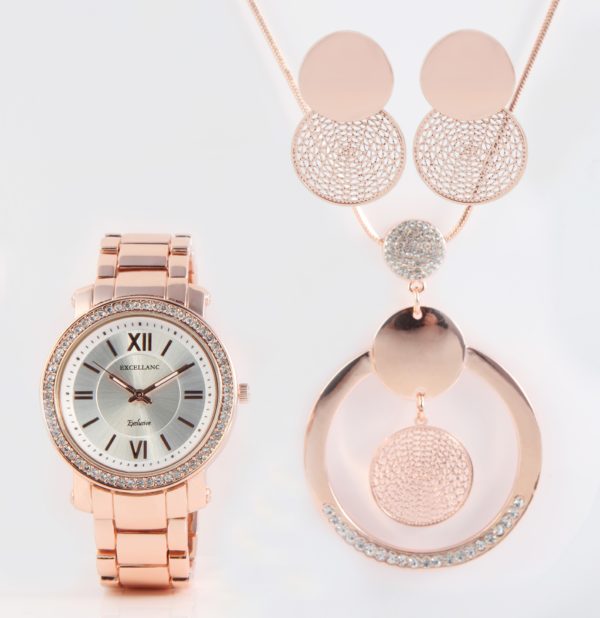 Uhrenset mit Armbanduhr + Kette + Ohrringe Damenuhr Metallarmband rose gold Strass - Image 3