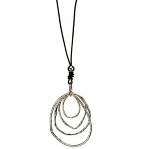 Leder Kette schwarz mit Metall Anhänger oval Halskette Damenkette lang modern