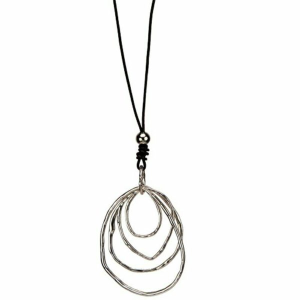 Leder Kette schwarz mit Metall Anhänger oval Halskette Damenkette lang modern