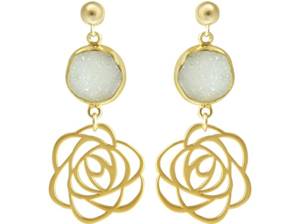 Gemshine - Damen - Ohrringe - 925 Silber - Vergoldet - ART DECO - Blume - Rose –- DRUZY - Weiß - Quarz - 4,5 cm