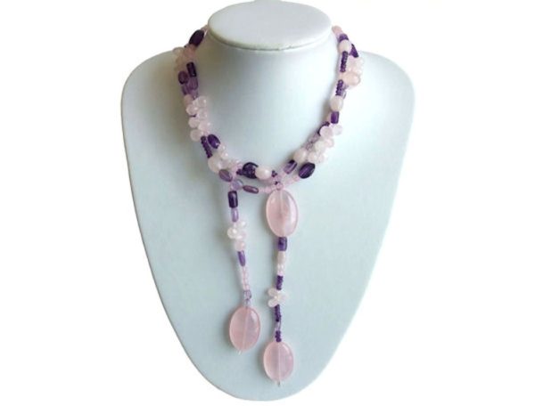 Gemshine - Damen - Halskette - Lariat - Rosenquarz - Amethyst - Perlen - Rosa - Lila - Violett - Weiß - 130 cm - Image 4